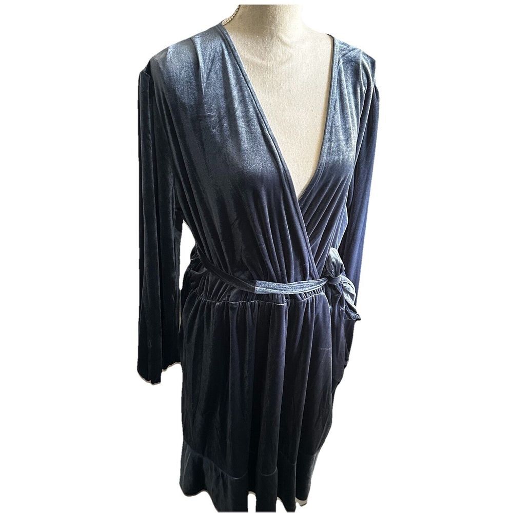 Dex Womens Whimsigoth Velvet Wrap Dress Size 1XL Gray Blue Ruffle V Neck